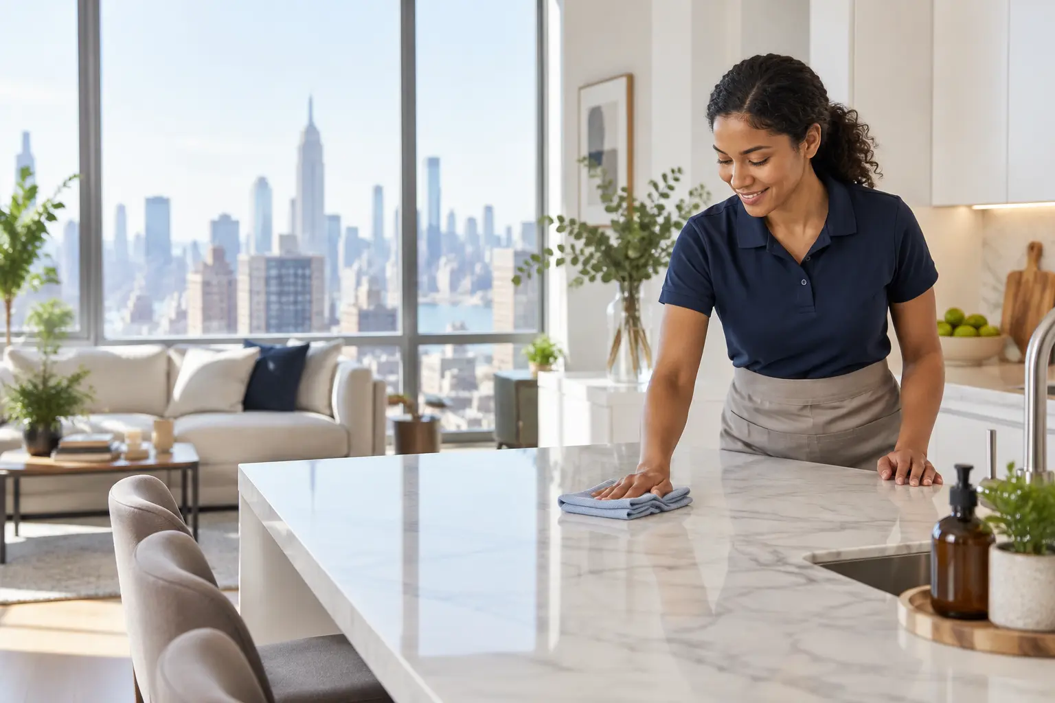 Professional cleaner wiping a kitchen island in a New York City apartment